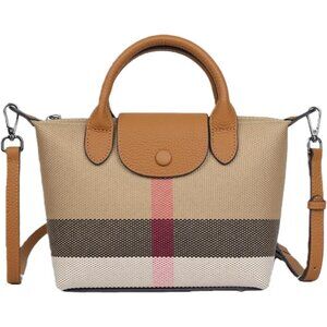 women Amber Caramel Vintage Leather Shoulder Bag  Canvas Top Handle